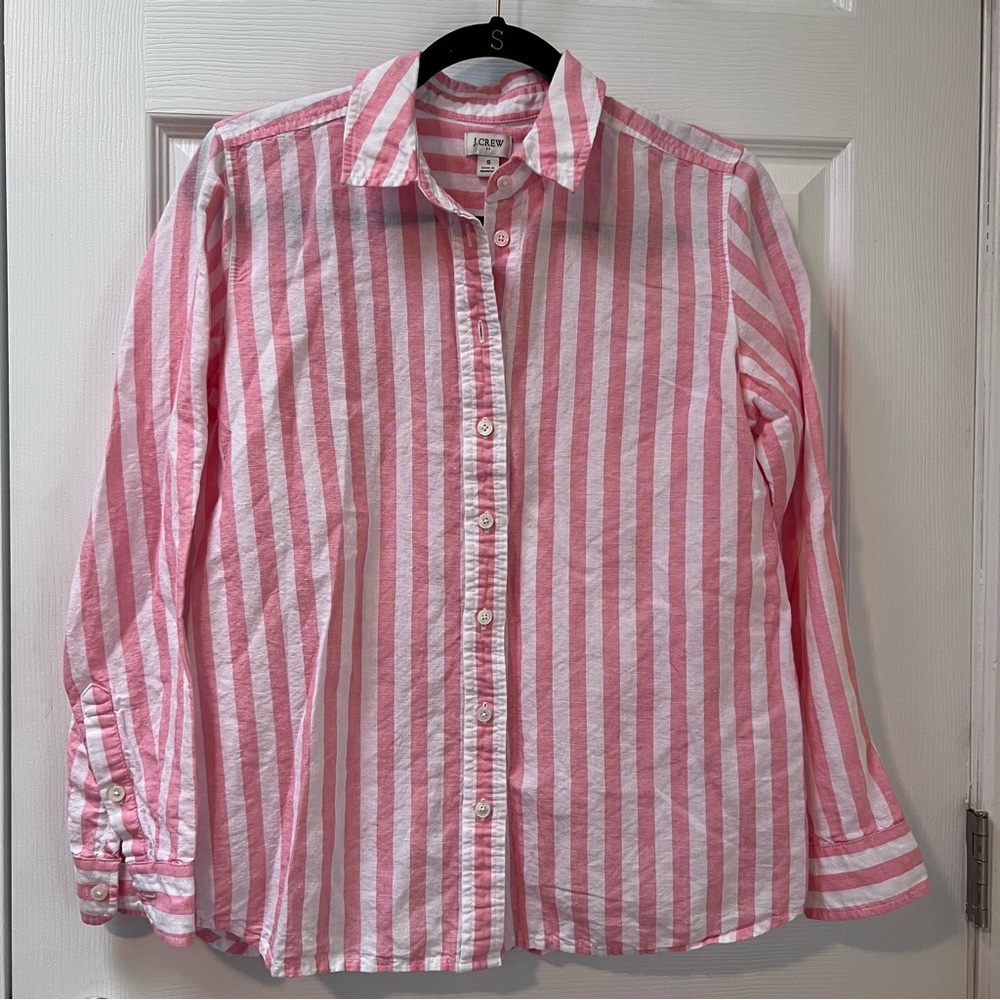 J. Crew Factory Striped Linen Blend White and Coral Pink Button Down Shirt Small